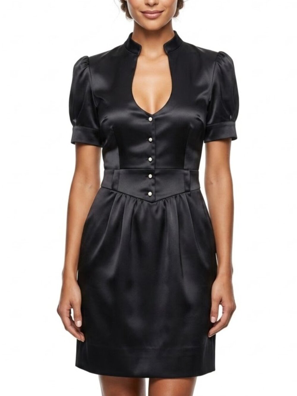 GUESS Vintage Keyhole Satin Mini Dress Puffed Sleeves Goth Coquette Black LBD 5